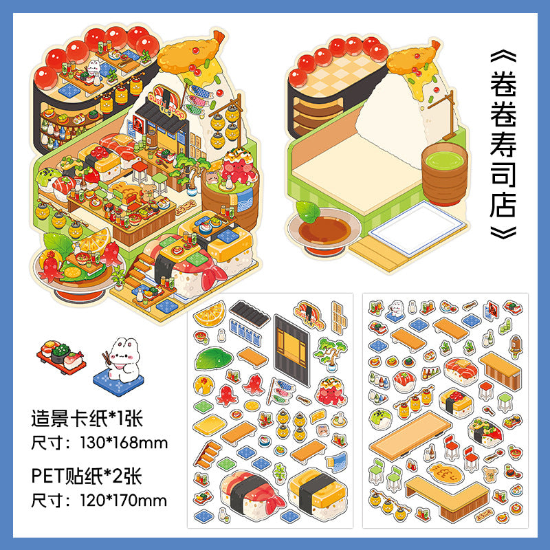 Gourmet Eatery DIY 3D Scene Sticker Collection - 4 Cute Miniature Scenes