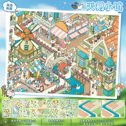 YL175 Whimsical Town Collection DIY 3D Scene Stickers Collection- 5 Cute Miniature Scenes