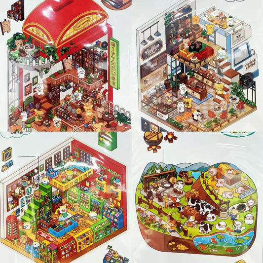 Corner Town DIY 3D Scene Sticker Collection - 4 Cute Miniature Scenes
