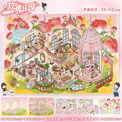 YL160 The Cat Room and  Roses DIY 3D Scene Stickers Collection- 5 Cute Miniature Scenes