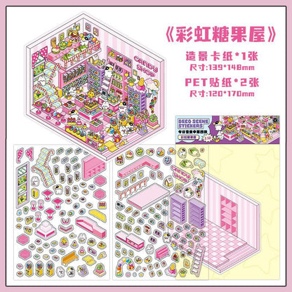 Sweet Fun Foodie Hut DIY 3D Scene Sticker Collection - 4 Cute Miniature Scenes