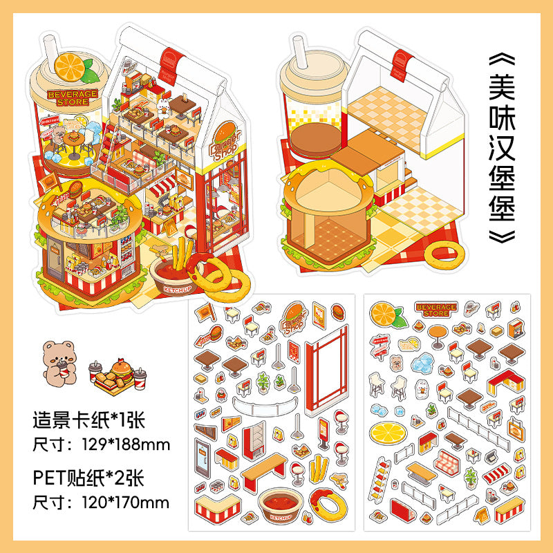 Gourmet Eatery DIY 3D Scene Sticker Collection - 4 Cute Miniature Scenes