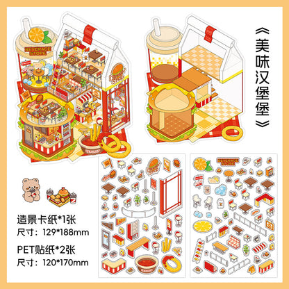 Gourmet Eatery DIY 3D Scene Sticker Collection - 4 Cute Miniature Scenes