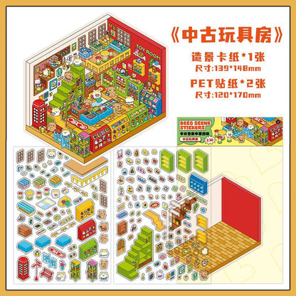 Sweet Fun Foodie Hut DIY 3D Scene Sticker Collection - 4 Cute Miniature Scenes