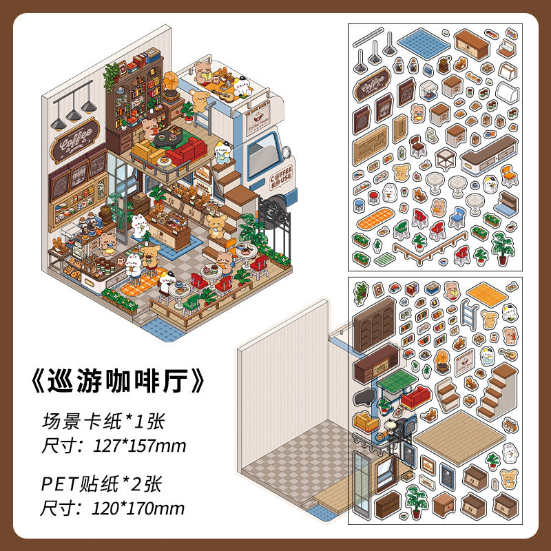 Corner Town DIY 3D Scene Sticker Collection - 4 Cute Miniature Scenes
