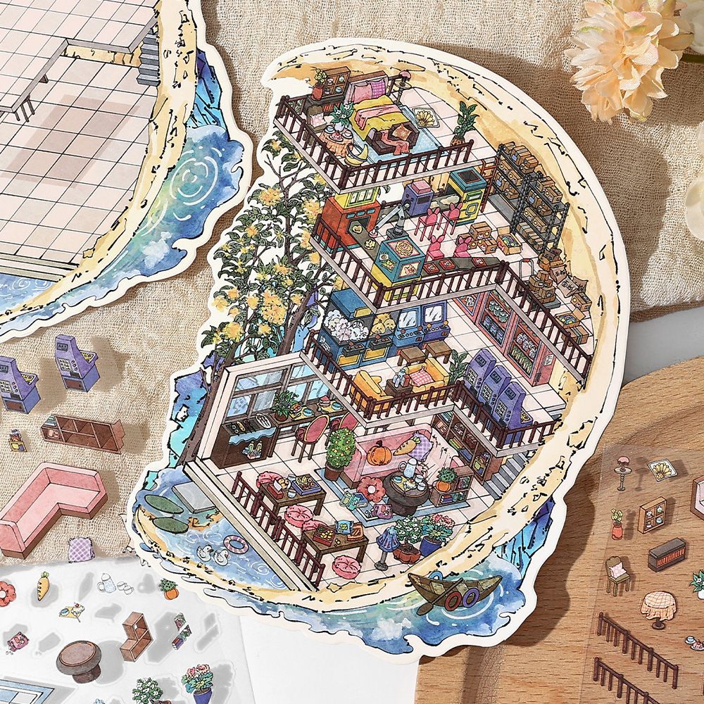 Mountain Moon Hermitage DIY 3D Scene Sticker Collection - 4 lovely Miniature Scenes