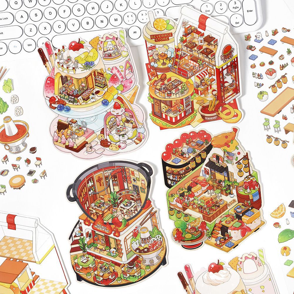 Gourmet Eatery DIY 3D Scene Sticker Collection - 4 Cute Miniature Scenes
