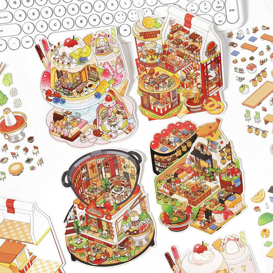 Gourmet Eatery DIY 3D Scene Sticker Collection - 4 Cute Miniature Scenes