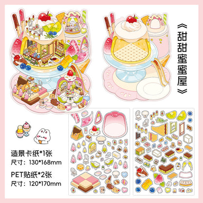 Gourmet Eatery DIY 3D Scene Sticker Collection - 4 Cute Miniature Scenes