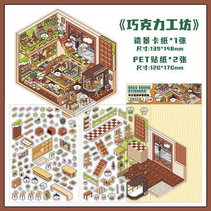 Sweet Fun Foodie Hut DIY 3D Scene Sticker Collection - 4 Cute Miniature Scenes