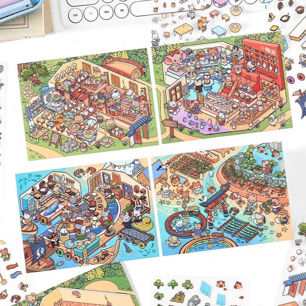 Four Warm Craft & Seafood Dioramas DIY 3D Scene Sticker Collection - 4 lovely Miniature Scenes