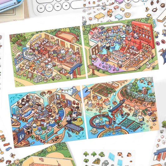 Four Warm Craft & Seafood Dioramas DIY 3D Scene Sticker Collection - 4 lovely Miniature Scenes