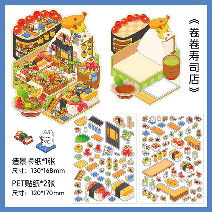 Gourmet Eatery DIY 3D Scene Sticker Collection - 4 Cute Miniature Scenes
