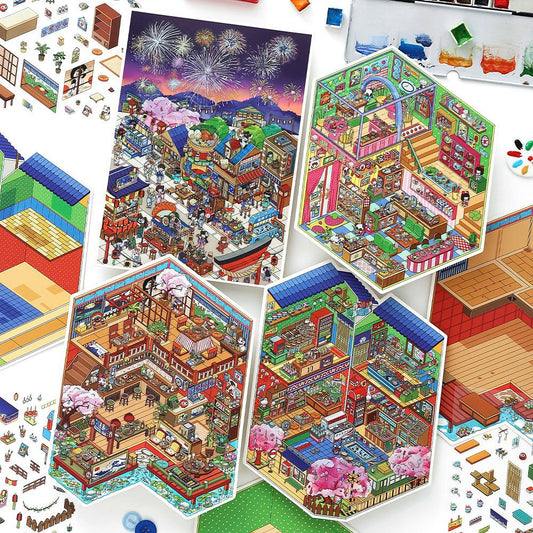 Japanese-Style Fireworks Shop DIY 3D Scene Stickers Collection- 4 Cute Miniature Scenes