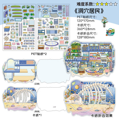 Subterranean Cave Cottage 3D Scene Sticker Collection - 4 Cute Miniature Scenes