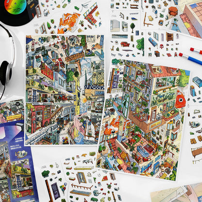 Suspended Floating City DIY 3D Scene Sticker Collection - 2 lovely Miniature Scenes