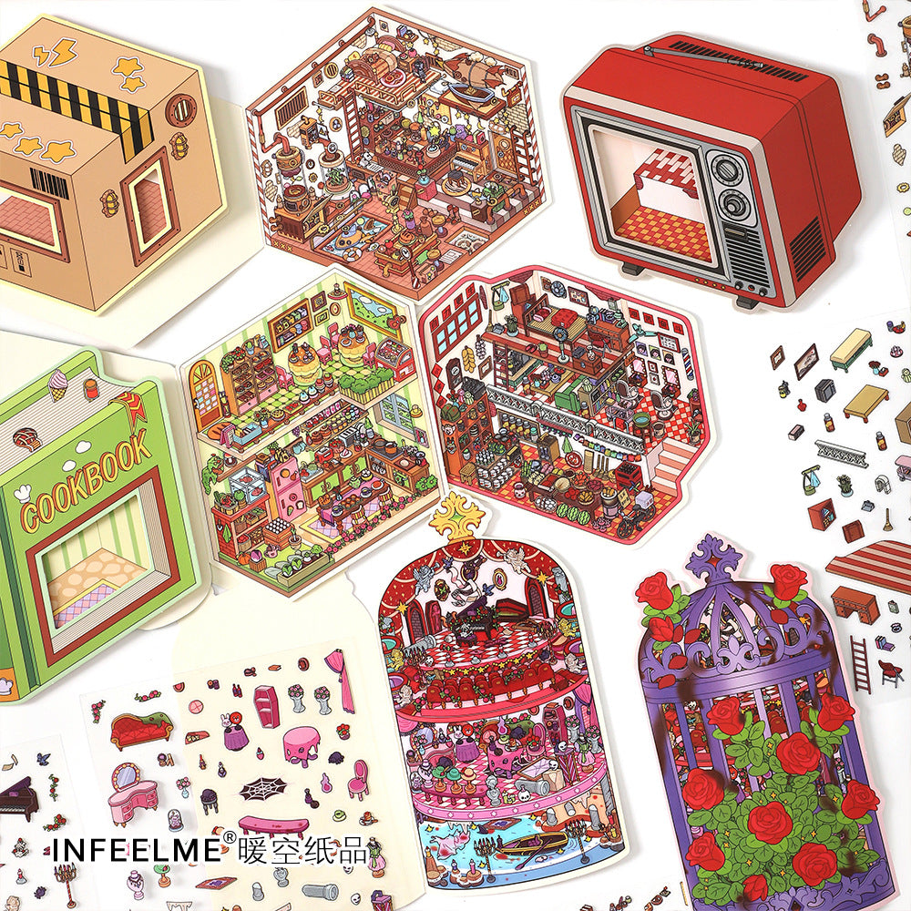 Time-Travelling Street Market DIY 3D Scene Stickers Collection- 4 Cute Miniature Scenes