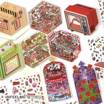 Time-Travelling Street Market DIY 3D Scene Stickers Collection- 4 Cute Miniature Scenes