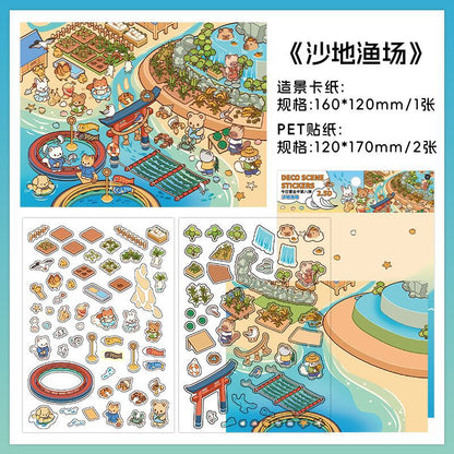 Four Warm Craft & Seafood Dioramas DIY 3D Scene Sticker Collection - 4 lovely Miniature Scenes