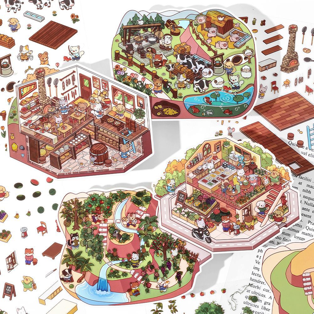 Country-style Eatery DIY 3D Scene Sticker Collection - 4 Cute Miniature Scenes