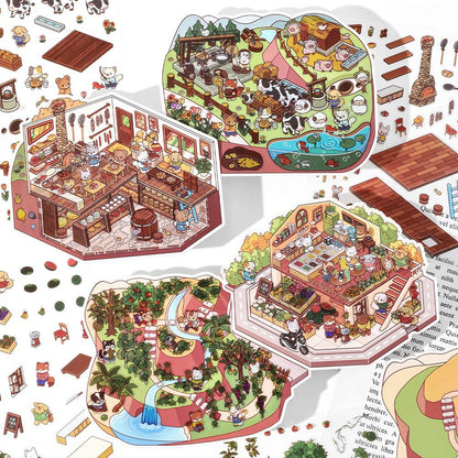 Country-style Eatery DIY 3D Scene Sticker Collection - 4 Cute Miniature Scenes
