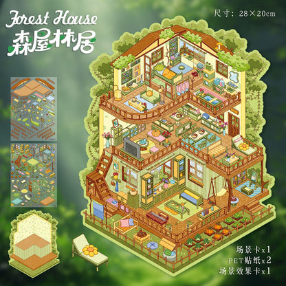 YL160 Adventurer's Cottage DIY 3D Scene Stickers Collection- 7 Cute Miniature Scenes