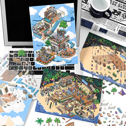 Cloud Islet Fun House DIY 3D Scene Sticker Collection - 2 Cute Miniature Scenes