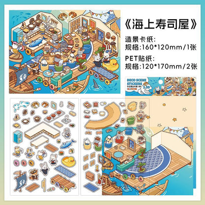 Four Warm Craft & Seafood Dioramas DIY 3D Scene Sticker Collection - 4 lovely Miniature Scenes