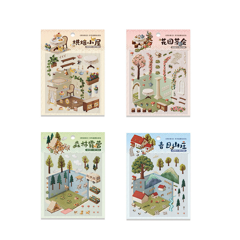 Xiuzhen Spring A  Creative DIY 3D Scene Stickers Collection- 4 Cute Miniature Scenes