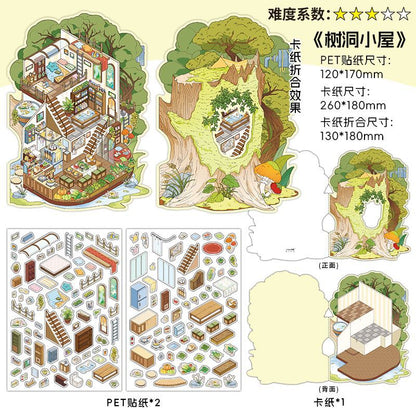 Subterranean Cave Cottage 3D Scene Sticker Collection - 4 Cute Miniature Scenes