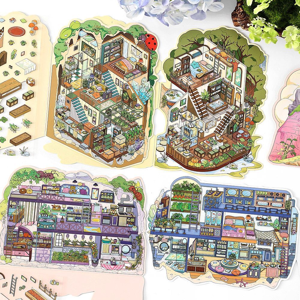 Subterranean Cave Cottage 3D Scene Sticker Collection - 4 Cute Miniature Scenes