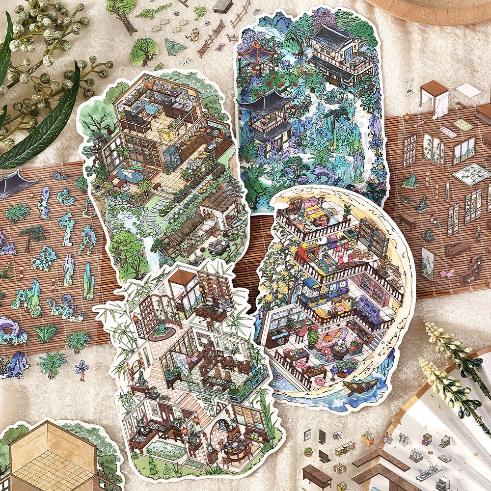 Mountain Moon Hermitage DIY 3D Scene Sticker Collection - 4 lovely Miniature Scenes