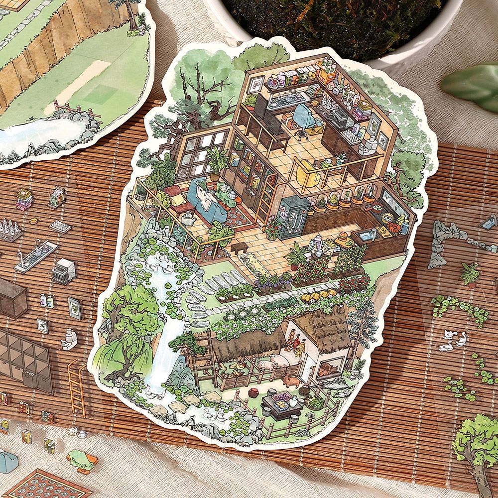 Mountain Moon Hermitage DIY 3D Scene Sticker Collection - 4 lovely Miniature Scenes
