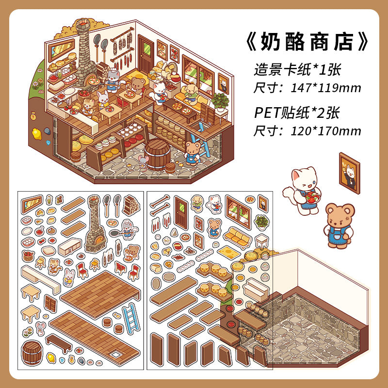 Country-style Eatery DIY 3D Scene Sticker Collection - 4 Cute Miniature Scenes
