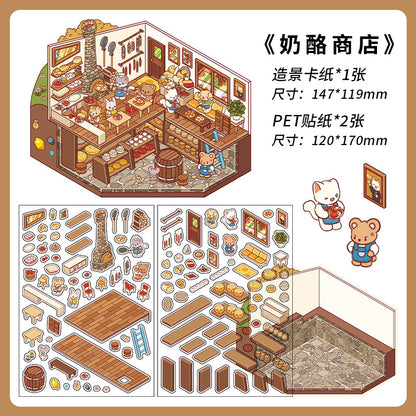 Country-style Eatery DIY 3D Scene Sticker Collection - 4 Cute Miniature Scenes