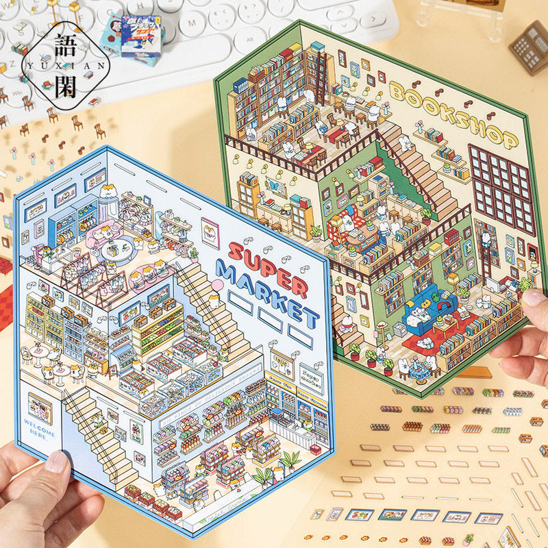 City Blocks 3D Scene Sticker Collection - 4 Cute Miniature Scenes