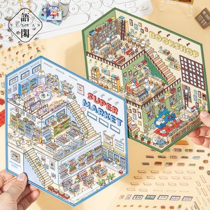 City Blocks 3D Scene Sticker Collection - 4 Cute Miniature Scenes