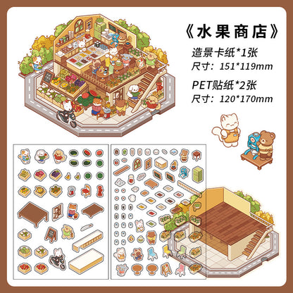 Country-style Eatery DIY 3D Scene Sticker Collection - 4 Cute Miniature Scenes