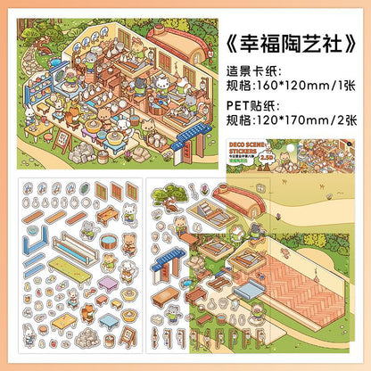 Four Warm Craft & Seafood Dioramas DIY 3D Scene Sticker Collection - 4 lovely Miniature Scenes