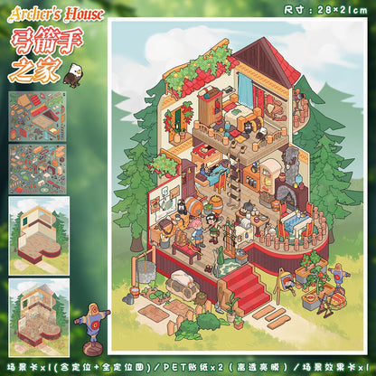 YL160 Adventurer's Cottage DIY 3D Scene Stickers Collection- 7 Cute Miniature Scenes