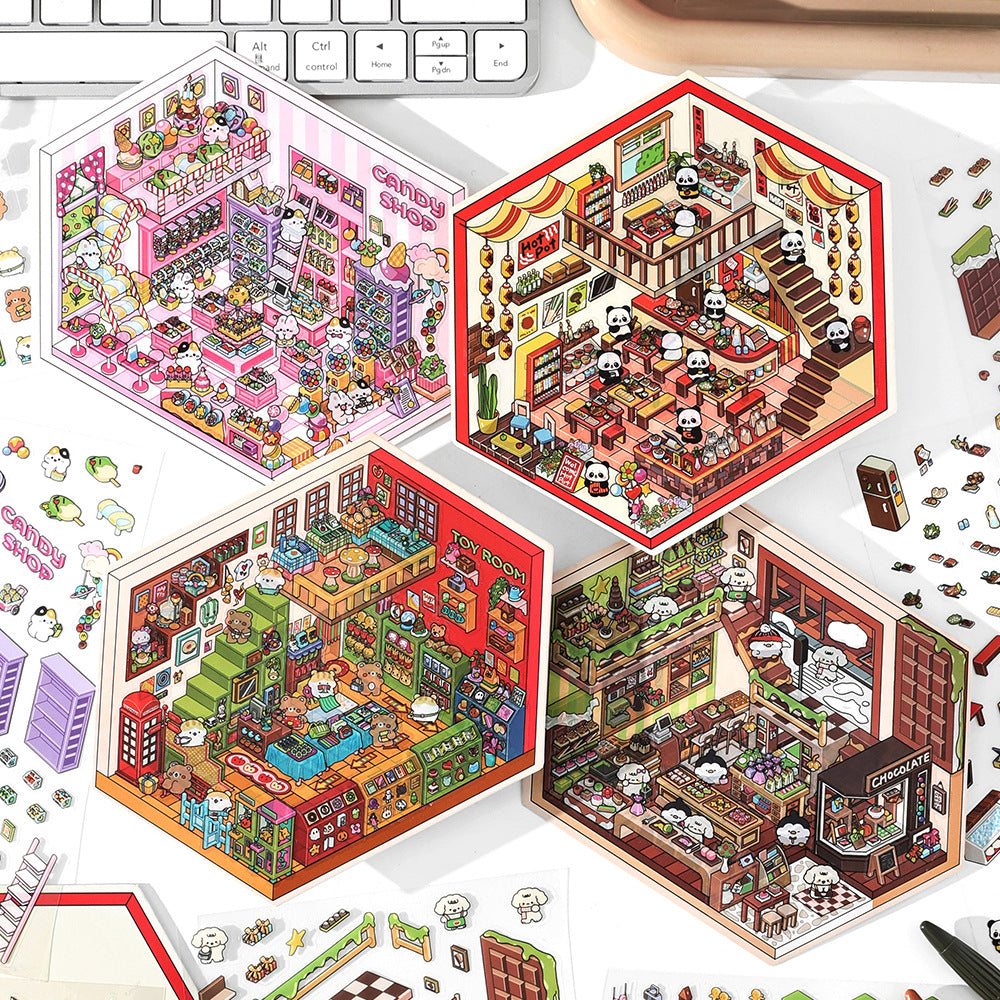 Sweet Fun Foodie Hut DIY 3D Scene Sticker Collection - 4 Cute Miniature Scenes