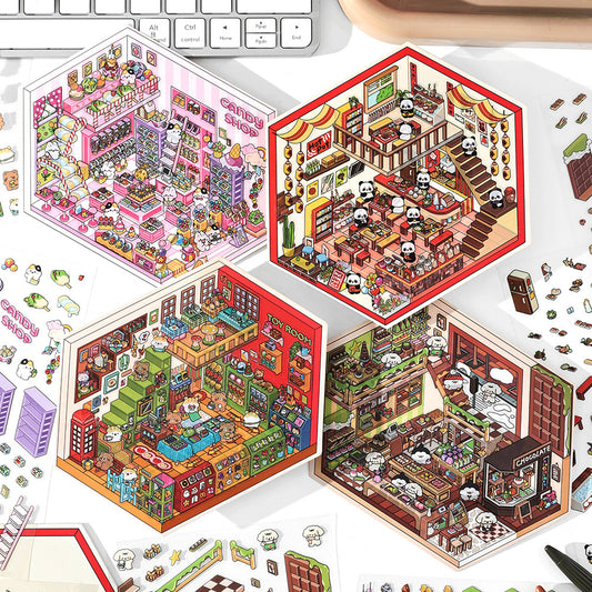 Sweet Fun Foodie Hut DIY 3D Scene Sticker Collection - 4 Cute Miniature Scenes