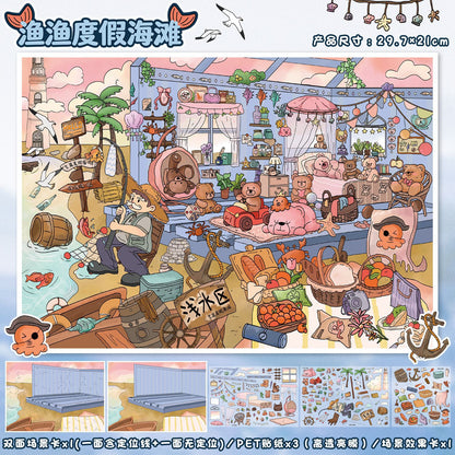 YL160 The Cat Room and  Roses DIY 3D Scene Stickers Collection- 5 Cute Miniature Scenes