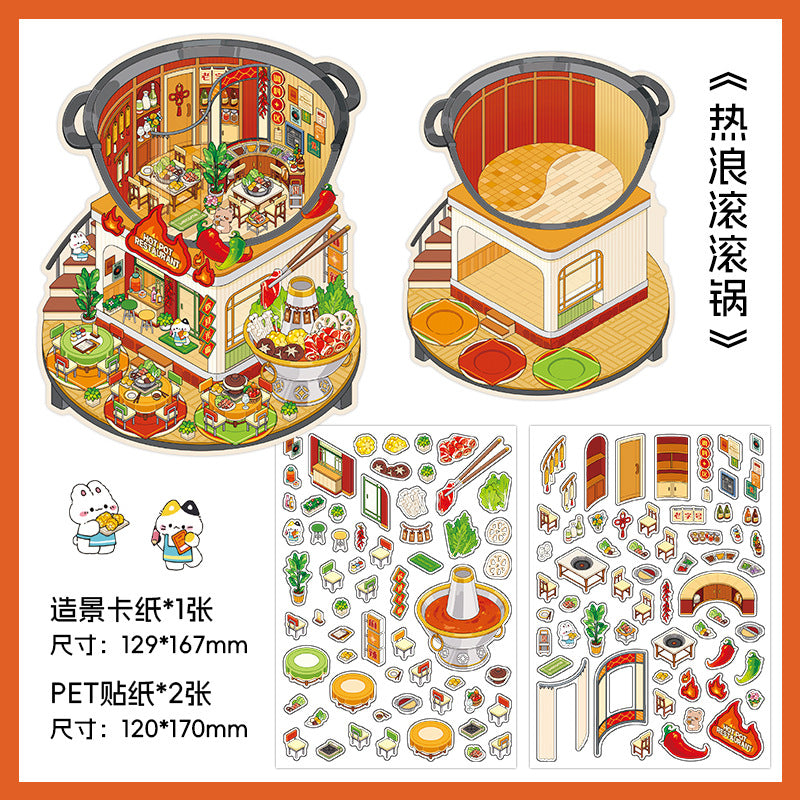 Gourmet Eatery DIY 3D Scene Sticker Collection - 4 Cute Miniature Scenes