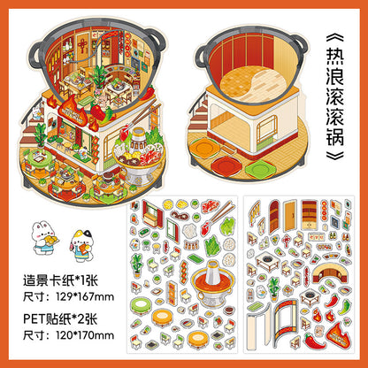 Gourmet Eatery DIY 3D Scene Sticker Collection - 4 Cute Miniature Scenes