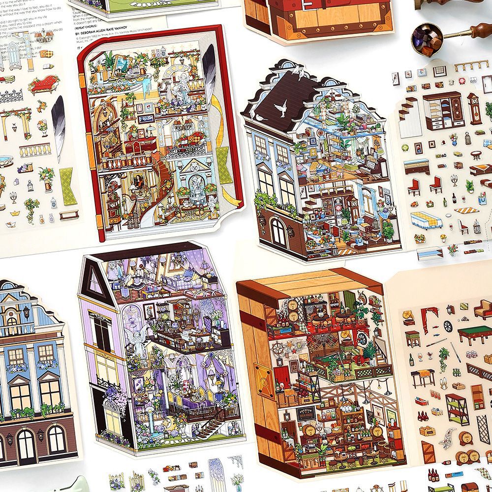 Vintage Elegant Room DIY 3D Scene Sticker Collection - 4 Cute Miniature Scenes