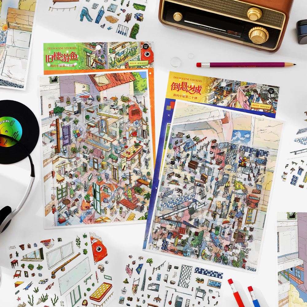 Suspended Floating City DIY 3D Scene Sticker Collection - 2 lovely Miniature Scenes